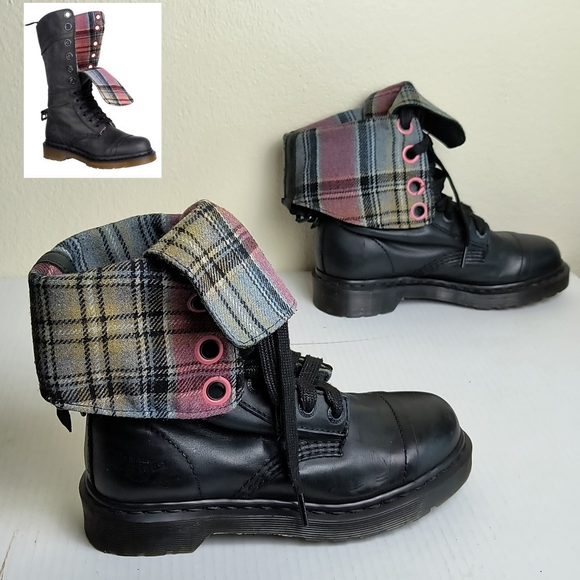Dr. Martens Shoes - Dr. Martens Triumph Black and Pink Plaid Flannel Fold Down Combat Boots Ladies 7